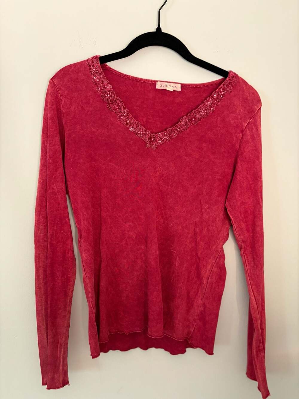 Xcit U.S.A. Red Acid Wash Long Sleeve V-Neck Fairy Grunge Top Size L